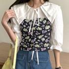 Elbow-sleeve Blouse / Spaghetti Strap Floral Print Top