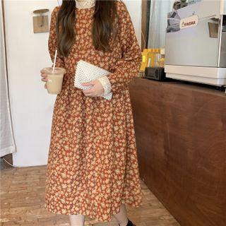 Long-sleeve Flower Print Midi A-line Dress Tangerine - One Size
