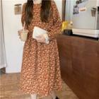 Long-sleeve Flower Print Midi A-line Dress Tangerine - One Size