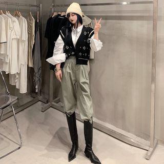 V Neck Sleeveless Sweater / Plain Long-sleeve Shirt / High Waist Cargo Pants
