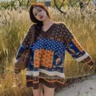 V-neck Pattered Sweater Pattern - Coffee & Tangerine - One Size