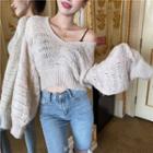 Perforated Puff-sleeve V-neck Sweater