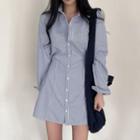 Long-sleeve Striped Mini Shirt Dress Blue - One Size