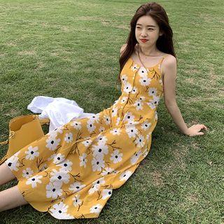 Spaghetti Strap Floral Print A-line Midi Dress Yellow - One Size