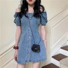 Off-shoulder Puff-sleeve Slim-fit Denim Dress
