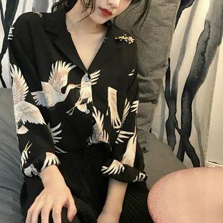 Long-sleeve Crane-print Shirt
