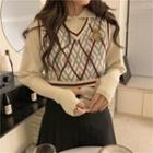 Argyle Knit Vest Argyle - White & Brown & Gray - One Size