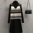 Patterned Fringed A-line Overall Dress / Mock-neck Knit Top / Set