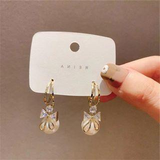 Bow Rhinestone Faux Pearl Alloy Dangle Earring 1 Pair - F300 - Gold - One Size