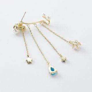 Faux Pearl Rhinestone Star Fringed Earring 1 Pc - As Shown In Figure - One Size