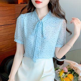 Set: Short-sleeve Tie-neck Dotted Blouse + Camisole