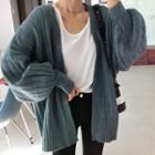 Open-front Puff-sleeve Ribbed Cardigan