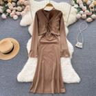 Set Of 2 : Suspender Cutout Off-shoulder Mermaid Dress + Long-sleeve Drawstring Cropped Cardigan