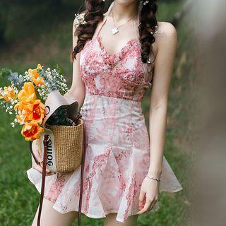 Halter-neck Floral Print Ruffled A-line Dress