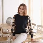 Bishop-sleeve Scarf Print Knit Top