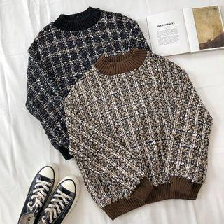 Round Neck Color Block Plaid Sweater