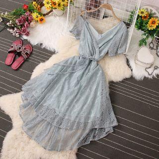 Asymmetrical Cold-shoulder Midi A-line Lace Dress