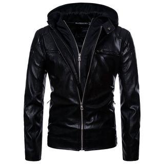 Faux-leather Hooded Biker Jacket