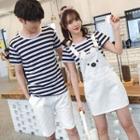 Couple Matching Striped T-shirt / Shorts / Cartoon Mini Dungaree Dress