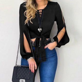 Long-sleeve Cutout Tie-waist Cropped Blouse