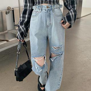 Off-shoulder Plaid Blouse / High Waist Distressed Loose Fit Jeans