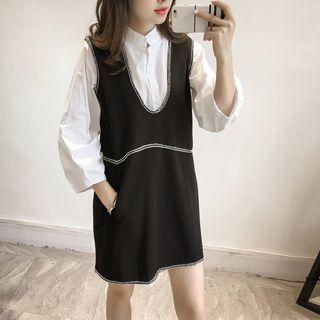 Set: Stand Collar 3/4 Sleeve Shirt + Tank Dress
