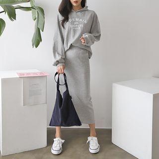 Set: Hooded Letter Print Top + Band-waist Skirt