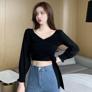 V-neck Plain Lace-up Cropped Top