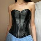 Plain Faux Leather Zip-up Corset Top