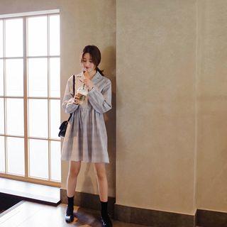 Collared Half-placket Plaid Mini Empire Dress
