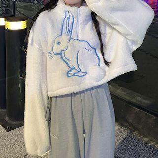 Half-zip Rabbit Embroidered Fleece Sweatshirt