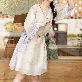 Floral A-line Hanfu Dress / Butterfly Faux Pearl Waist Belt