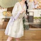 Floral A-line Hanfu Dress / Butterfly Faux Pearl Waist Belt