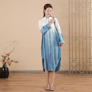 Indigo Dyed Midi Shirt Dress Blue & White - One Size