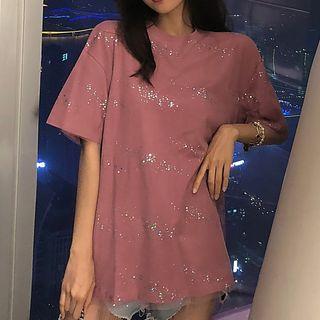 Elbow-sleeve Sequined Mesh Overlay T-shirt