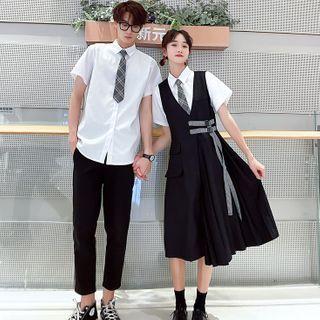 Couple Matching Plain Short-sleeve Shirt / Midi Jumper Dress / Cropped Straight-fit Pants