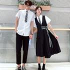 Couple Matching Plain Short-sleeve Shirt / Midi Jumper Dress / Cropped Straight-fit Pants
