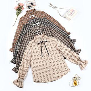 Long-sleeve Plaid Tie-neck Blouse