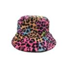 Leopard Print Chenille Bucket Hat Leopard - Pink & Blue & Brown - M