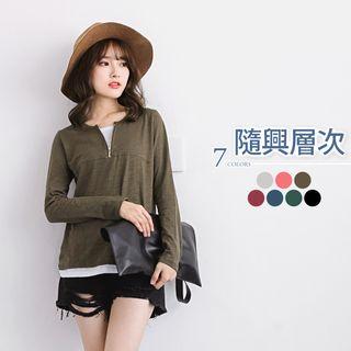 Zippered-neck Bamboo Cotton 2fer Tee