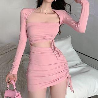 Set: Drawstring Cutout Mini Tube Dress + Shrug