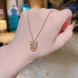 Crown Rhinestone Pendant Necklace X698 - Gold - One Size