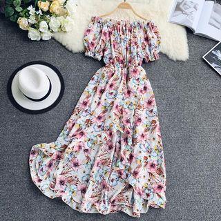 Floral Short-sleeve Off Shoulder Midi Chiffon Dress