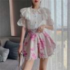 Puff-sleeve Embellished Lace Blouse / Wide-leg Floral Print Shorts