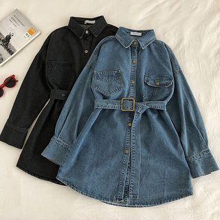 Plain Single-breasted Denim Long-sleeve Dress
