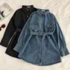 Plain Single-breasted Denim Long-sleeve Dress