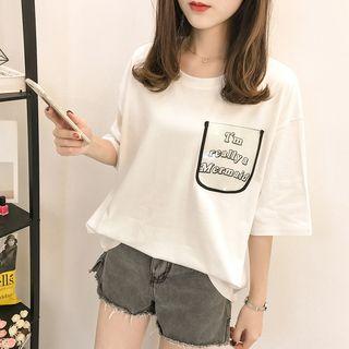 Lettering Pocket Elbow Sleeve T-shirt