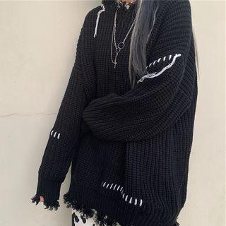 Ripped Loose-fit Long-sleeve Lettering Sweater Black - One Size