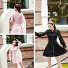 Frill Trim Bow Accent Long Sleeve Chiffon Dress