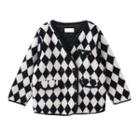 Diamond Pattern Fluffy Double-breasted Jacket Argyle Print - Black & White - One Size